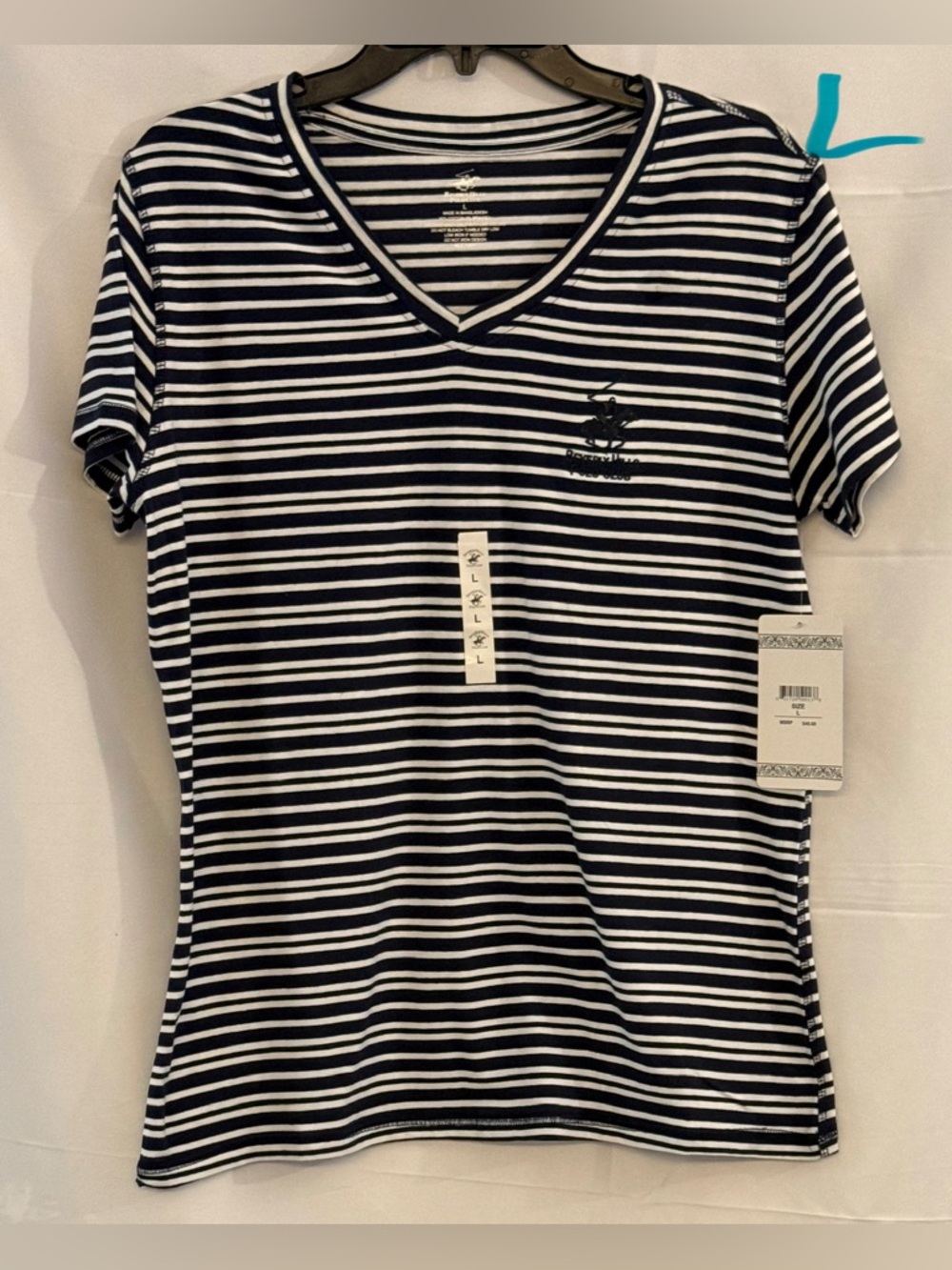 Beverly Hills Polo Club Navy & White Striped V-Neck Tee with Logo